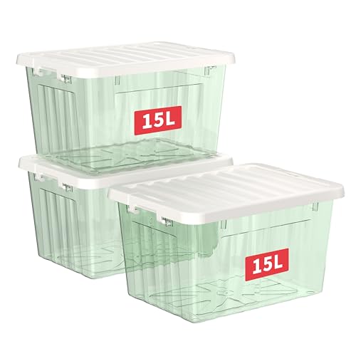 Cetomo 15L*3 Storage Boxes with Lids, Plastic Storage Box with Secure Side Latches, PP Nestable and Stackable Clear Organizer for Home, Office, Moving, Transparent Green, 15L-3 Pack