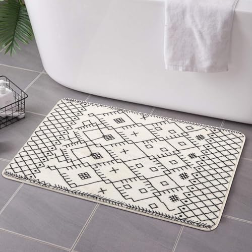 Uphome 18x25 inch Boho Bath Mat Non-Slip Moroccan Geometric Farmhouse Soft Microfiber Machine Washable Floor Rug for Bathroom Tub Sink Shower