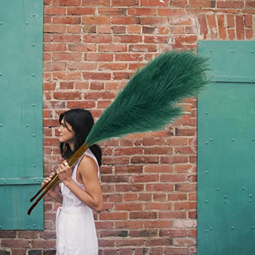 "Artificial Faux Pampas Grass Large, 47""/120cm Bundle of 3 Fake Artificial Pampas Grass Tall Fluffy Stems, Floor Vase Filler for Living Room Kitchen Boho Decor Wedding - Dark Green"