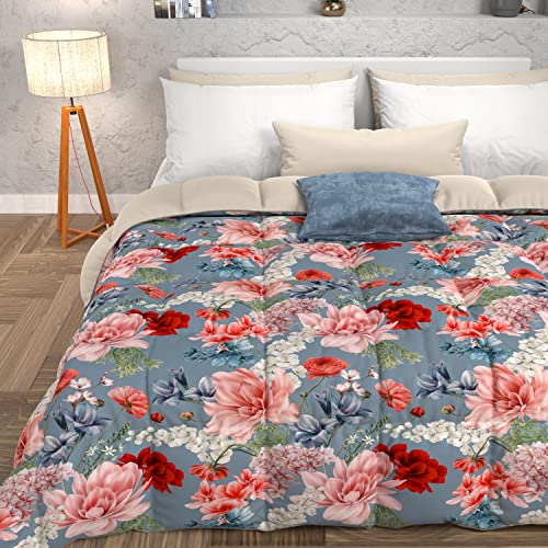 PETTI Artigiani Italiani - Quilt, Winter Duvet, Winter Quilt, Single Double Face Quilt Solid Color and Digital Floral Print 19 Sky Blue, 100% Anti-Allergic Microfiber, Made in Italy
