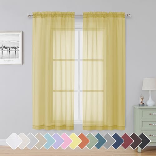 "Simplebrand Yellow Sheer Curtains, 2 Panels, W 42"" x L 63"", Rod Pocket, Multi-purpose Room"