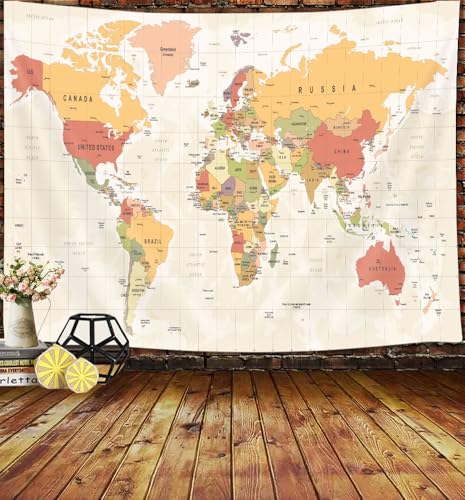 JAWO World Map Tapestry Wall Hanging for Kids Student, World Map with Countries and Major Cities Tapestry Educational Tapestry for Bedroom Living Room Dorm Home Decoration 60X40 Inch