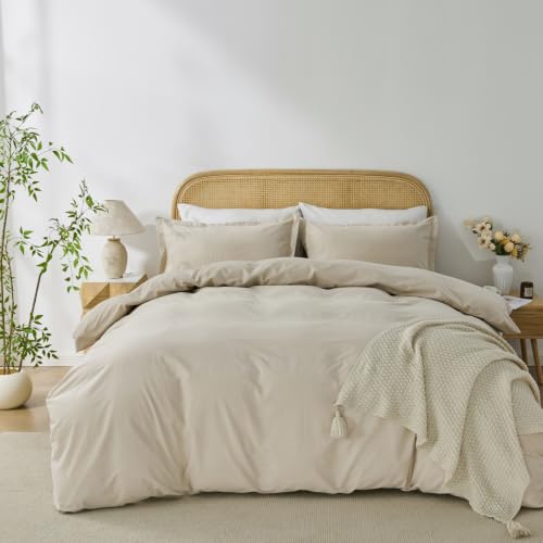 "OAITE 100% Washed Cotton Duvet Cover Queen Size Soft Breathable Durable Bedding with Zipper Closure & 8 Corner Ties- 3 Pieces Plain Simple Duvet Cover Set,2 Pillow Shams,1 Duvet Cover(90""x90"")"