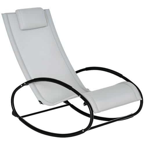Outsunny Rocking Chair Sun Lounger Recliner Rocker Texteline Fabric Patio Garden Relaxer with Pillow, Grey