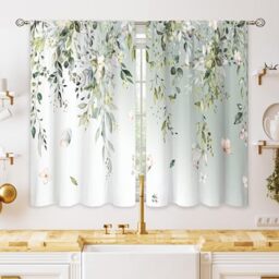 oolygoo Eucalyptus Botanical Leaves Floral Kitchen Window Curtains Butterfly Farmhouse Flower Leaf Small Window Treatment Sage Green Cafe Short Curtains for Bathroom Treatment Tier Drapes 27.9x39 inch