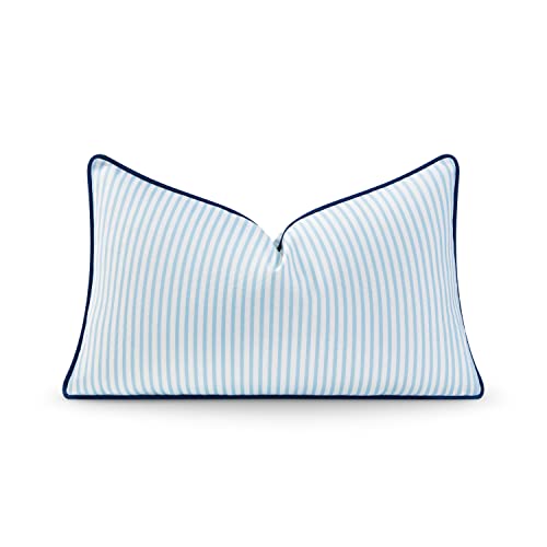 "Hofdeco Premium Coastal Hampton Style Patio Indoor Outdoor Lumbar Pillow Cover Only, 12""x20"" Water Resistant for Backyard, Couch, Blue Stripe"