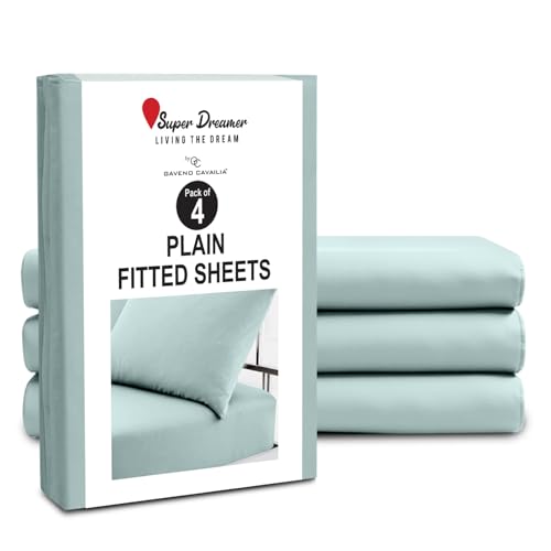 GC GAVENO CAVAILIA Microfiber Fitted Sheet Double - 4 Pack Plain Bed Sheets - Deep Pocket 10 inch (25cm) - Shrinkage, Fade & Wrinkle Resistant Bottom Sheet, Fit to Mattress (137x193 cm) - Duck Egg