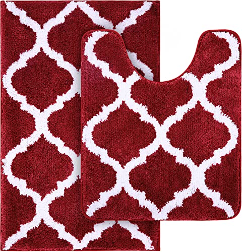 "OLANLY Bathroom Rugs Set 2 Piece Microfiber Bath Shower Mat and U-Shaped Toilet Rug, Machine Wash Dry, Non Slip Absorbent Shaggy Bath Rug for Tub, Shower and Bath Room (20"" x 32""+20"" x 24"", Burgundy)"