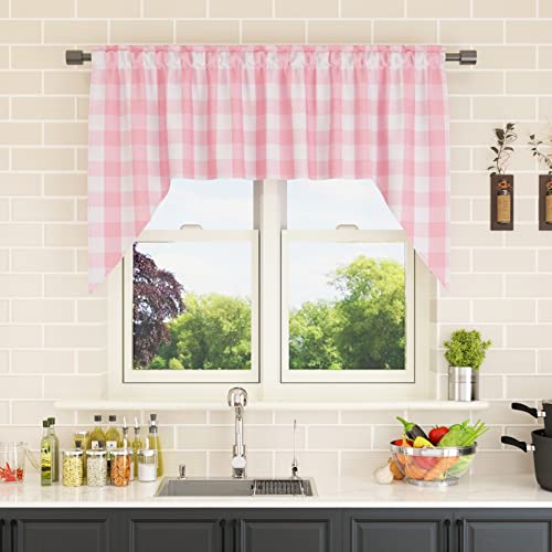 "NATUS WEAVER Curtain Swags for Widnows 1 Panel Classic Buffalo Check Swag Country Farmhouse Kitchen Window Curtain - Pink & White, W 54"" x L 36"" with a 16"" Center Drop"