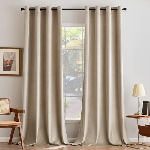 ANRODUO Camel Beige Velvet Curtains 84 Inches Long Blackout Thermal Insulated Soundproof Curtain Privacy Room Darkening Curtains Grommet Window Drapes for Bedroom Living Room Set of 2
