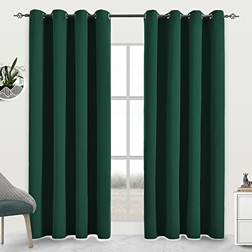 JSFLY Blackout Curtains for Bedroom Thermal Insulated Light Blocking Room Darkening Curtains Solid Grommet Window Drapes for Living Room, Set of 2 Curtain Panels 52 W x 72 L inch Long Hunter Green
