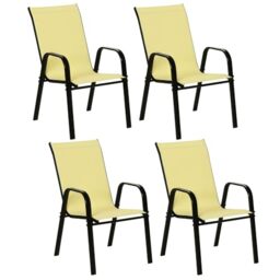 Outsunny 4 Pieces Garden Chairs Stackable with High Backrest Beige - Armrest, Outdoor Dining Chairs Set of 4, Breathable Mesh Fabric