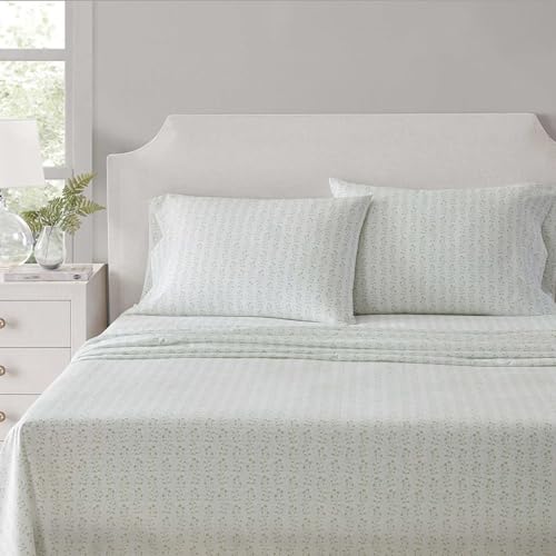 Martha Stewart - King Size Sheets Set, Crisp & Tailored Cooling Sheets w/a Naturally Smooth Cotton Percale Lightweight Feel - Bed Sheets with Matching Pillowcases & Fitted Sheet (Ditsy Vine Green)