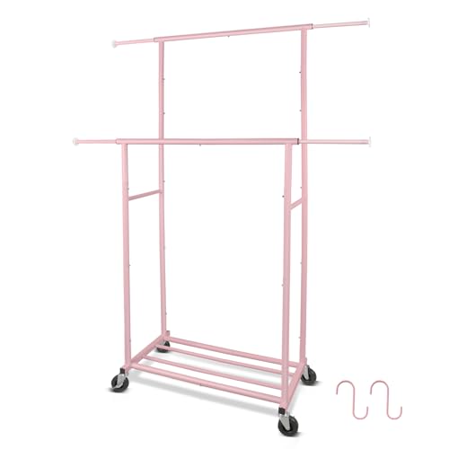 "Fishat Portable Pink Double Rods Garment Clothes Rack for Drying with Rolling Clothes Organizer on Lockable Wheels Mobile for Girls Women, 48""W x 15""D x 67""H, Metal Simple Hanging Clothes with 2 Hook"