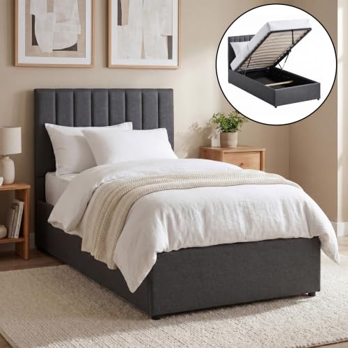 Vida Designs Vellaro Single Ottoman Fabric Bed Frame - Dark Grey Linen - 103H x 100W x 200.5D cm (3ft) - Hydraulic Gas-Lift - Lift Up Storage - Slatted Base - Minimalist Furniture