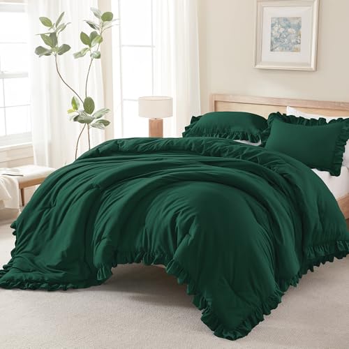 Andency Dark Green California King Comforter Set, 3 Pcs Shabby Chic Bedding - Ruffle Solid Cal King Bedding Sets, Oversized All-Season Soft Lightweight Down Alternative Bed Set for Adults