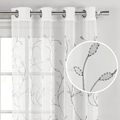 "Creative Home Ideas Wavy Leaves, Embroidered Sheer Curtains, Includes 1 Leaf Curtain Panel - Window Drapes with Metal Grommets, 54"" x 84"", Sheer Vine White Curtain with Silver Grey Leaves"