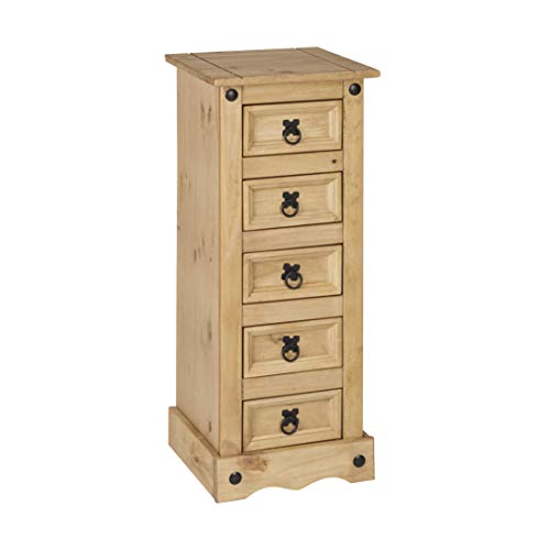 Mews Corona Chest of 5 Drawers Narrow Chest, Mexican Solid Pine with Waxed Finish