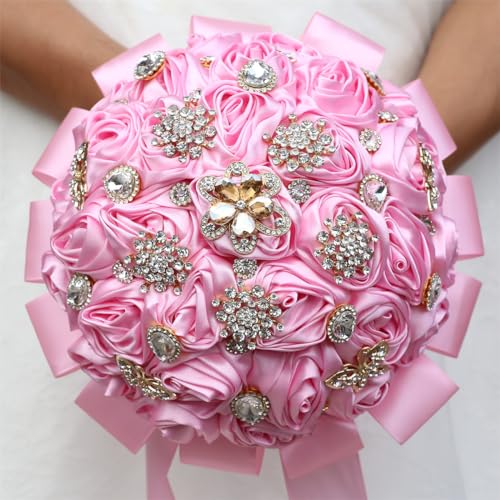 "Mhojpik 9.8"" Pink Bridal Wedding Bouquet Round Bling Brooch Bouquet Throw Toss Artificial Rose Bud Flower Bunch for Bride Bridesmaid Wedding Quinceanera"