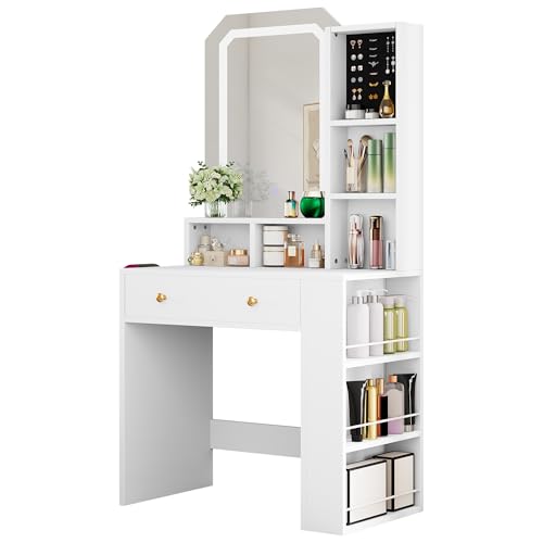YITAHOME Small Dressing Table,Vanity Table,Makeup Desk with Jewelry Organizer, Adjustable Brightness LED Light,White