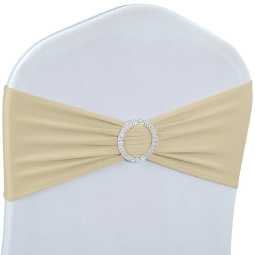 Babenest Spandex Chair Sashes Bows 50 Pieces Premium Stretch Chair Cover Band with Buckle Slider Universal Elastic Chair Ties for Wedding Party Ceremony Reception Banquet Decoration (Champagne)