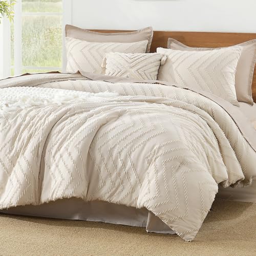 Litanika Queen Comforter Set Beige, 3 Pieces Boho Chevron Tufted Bedding Comforter Set, All Season Bed Set (90x90In Comforter and 2 Pillowcases)