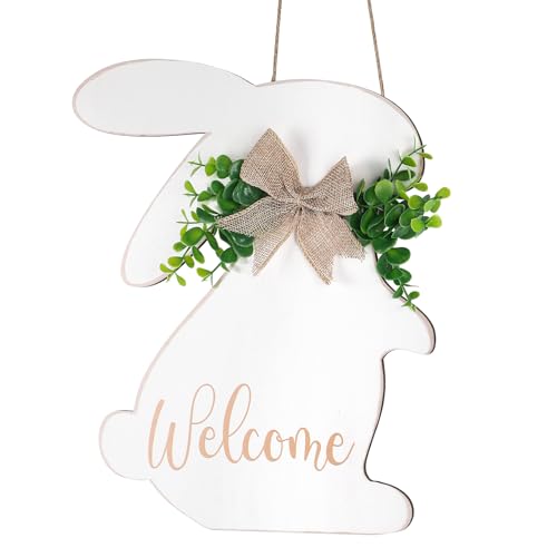 Easter Decorations Door Sign, Wooden Rustic Welcome Easter Front Door Hanger, White Easter Bunny Wreath Hanging For Spring Wall Home Farmhouse Indoor Outdoor Decor (Bunny)