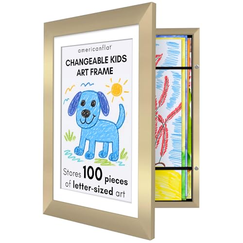 Americanflat Kids Artwork Display Frame Changeable (Gold) - Magnetic Door Holds 100 Art Pieces - A4 Size Display with Mount or 10x12.5 Without Mount - My Mini Masterpiece