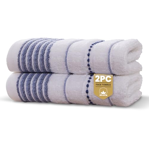 Rapport Home Dakota Stripe Face Towels 2-Pack Luxurious 100% Cotton 500gsm Soft Absorbent Face Cloths, Oeko-Tex Certified Bathroom Hand Towels - Blue (30x30cm)