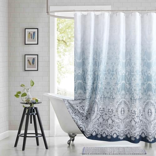 "BESTRIPES 90 Inch Extra Long Shower Curtain - Chantilly Lace Design, Heavyweight Polyester, Storm Blue to White Ombre, 72"" W x 90"" H"