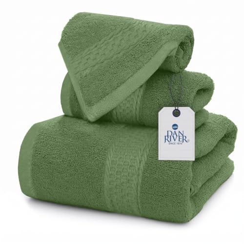 DAN RIVER 100% Ring Spun Cotton 3-Piece Towel Set, Sage-Green, Bath Towel, Hand Towel and Washcloths, 550 GSM - Soft, Absorbent Quick Dry Cotton Towels for Bathroom, Spa, and Gym