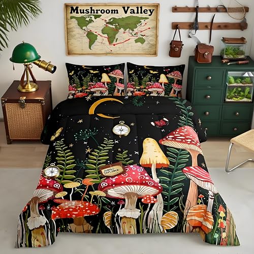 Feelyou Kids Mushroom Bedding Set Natural Wild Fungus Comforter Set for Kids Boys Girls Botanical Plants Duvet Set Butterfly Comforter 1 Comforter Set with 1 Pillowcase Twin Size