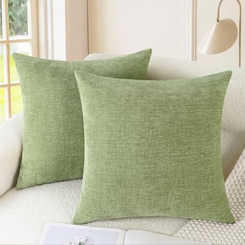 CaliTime Cushion Covers Pack of 2 Cozy Throw Pillow Covers Cases for Couch Sofa Home Decoration Solid Dyed Soft Chenille 40cm X 40cm Sage