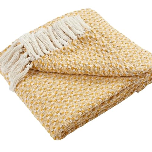 Appletree - Ochre Check Throw (180 x 130cm) - Sustainable Recycled Cotton - Textured Yellow Blanket - Ochre Sofa Throw with Tassels - Woven Blanket - Cotton Throw Blanket in Yellow - Knitted Throw