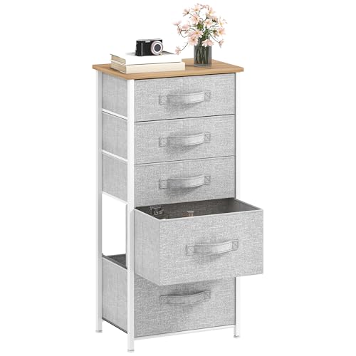 DWVO Small Chest of Drawers,Fabric Chest of Drawers Bedroom Cabinet with 5 Drawers,Dresser for Bedroom,Living Room With Handles,Wood Top and Sturdy Steel Frame,Light Grey