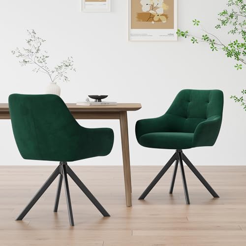 COLAMY 360° Swivel Dining Chairs Set of 2 with Sturdy Metal Base – Luxury Velvet Upholstered Kitchen Chairs with Thick Padded Seat, Button-Tufted Backrest for Home, Dining Room, or Café,Green