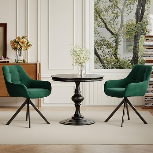 COLAMY 360° Swivel Dining Chairs Set of 2 with Sturdy Metal Base – Luxury Velvet Upholstered Kitchen Chairs with Thick Padded Seat, Button-Tufted Backrest for Home, Dining Room, or Café,Green