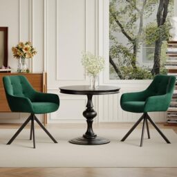 COLAMY 360° Swivel Dining Chairs Set of 2 with Sturdy Metal Base – Luxury Velvet Upholstered Kitchen Chairs with Thick Padded Seat, Button-Tufted Backrest for Home, Dining Room, or Café,Green