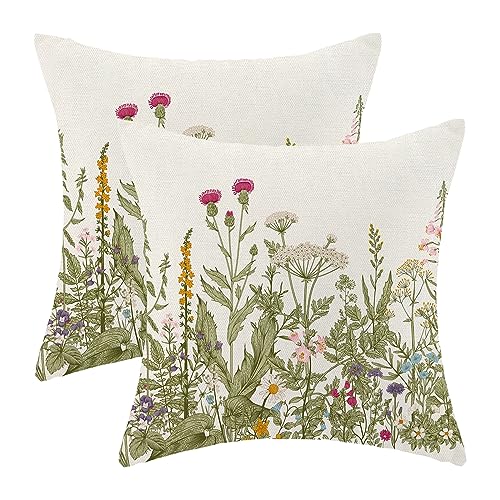 AEIOAE Sage Green Pillow Covers 22x22 Inch Set of 2, Spring Wildflower Plant Throw Pillows Case,Seasonal Floral Outdoor Decorative Flowers Farmhouse Decor Cushion Covers for Home Sofa Bed Couch