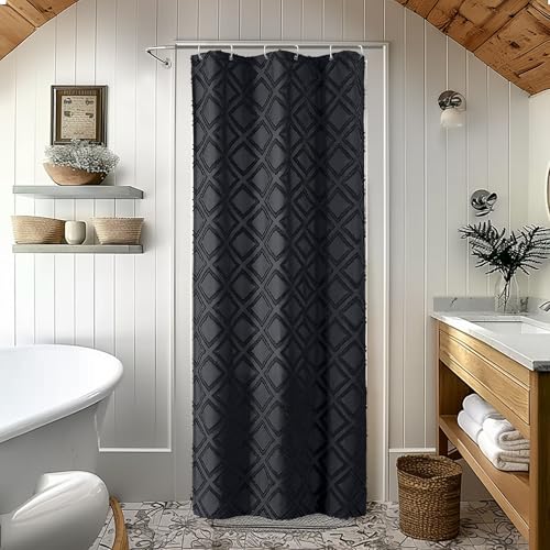 OWENIE Black Shower Curtain Set for Bathroom, 36 ??? Width Stall Small Boho Shower Curtain with 12 Hooks, Soft Lightweight Jacquard Design Fabric Shower Curtain, Machine Washable, Black, 36 W x 72 L