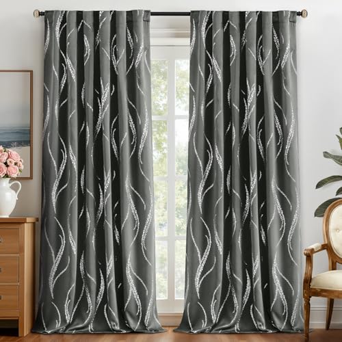 Yakamok Blackout Curtains 96 inch Length Living Room Thermal Insulated Silver Wave Line Dots Pattern Curtains Room Darkening Back Tab Curtains for Bedroom, Grey, W52 x L96-inch, 2 Panels