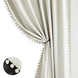 "Treatmentex Natural Blackout Curtains for Bedroom Living Room 84inch Long Iovry/Beige Pom Pom Curtain Panels for Windows Thermal Insulated Curtains for Kids Nursery Room Rod Pocket 52"" W x 2pcs"