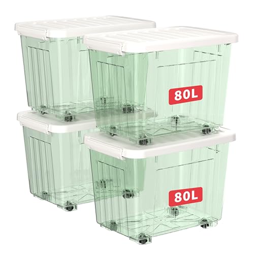 Cetomo 80L*4 Plastic Storage Boxes with Wheels, Lidded Storage Box with Secure Side Latches, PP Nestable and Stackable Clear Organizer for Home, Office, Moving, Transparent Green, 80L-4 Pack