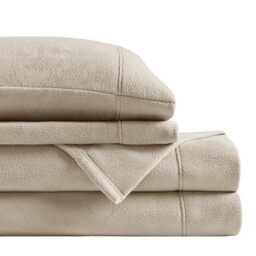 "SLEEP PHILOSOPHY True North Micro Fleece Bed Sheet Set, Warm, Sheets with 14"" Deep Pocket, for Cold Season Cozy Sheet-Set, Matching Pillow Case, Twin XL, Khaki, 3 Piece"