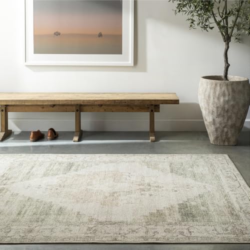 Livabliss x Becki Owens Luca Vintage Carpet 160x213 cm, Traditional Multicolour Boho Design for Living Room & Dining, Easy Care Pile, Ivory Olive Green Tan