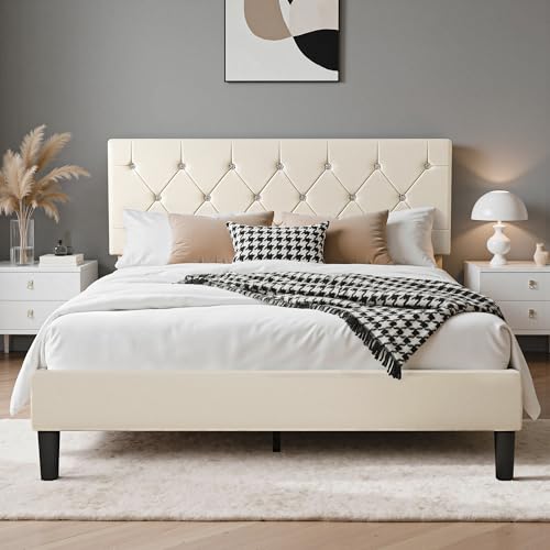 VECELO 4ft6 Double Bed Frame, Soft Velvet Upholstered Platform Bed with Diamond Tufted Headboard, Sturdy Wood Slat Support, Easy Assembly, No Box Spring Needed