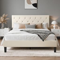 VECELO 4ft6 Double Bed Frame, Soft Velvet Upholstered Platform Bed with Diamond Tufted Headboard, Sturdy Wood Slat Support, Easy Assembly, No Box Spring Needed