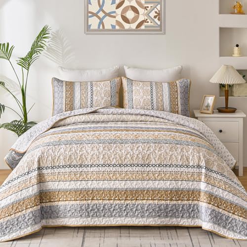 "WONGS BEDDING Boho Quilt Set Queen Size, Brown Bohemian 3 Pieces Fall Quilt Sets, Lightweight Bedspread Coverlet Bedding Set for All Season (96""x90"")"