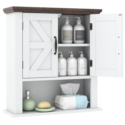 RELAX4LIFE Double Door Wall Mounted Bathroom Cabinet, Over The Toilet Storage with 2 Doors and Adjustable Shelves, Wooden Bathroom Cupboard for Living Room (with Open Compartment, White)