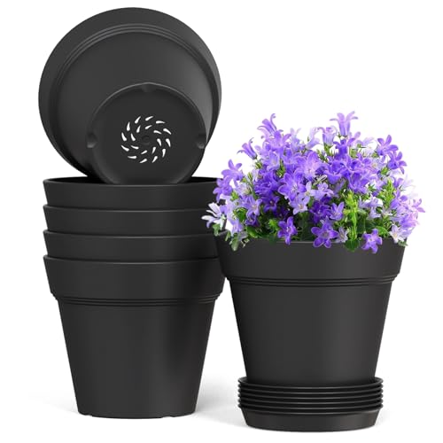 WSMKSZ 5 Inch Plastic Plant Pots with Drainage Holes and Trays ??? 6 Pack Small Nursery Pots for Indoor & Outdoor House Plants and Flowers, Seedling Starter Planters, Matte Black